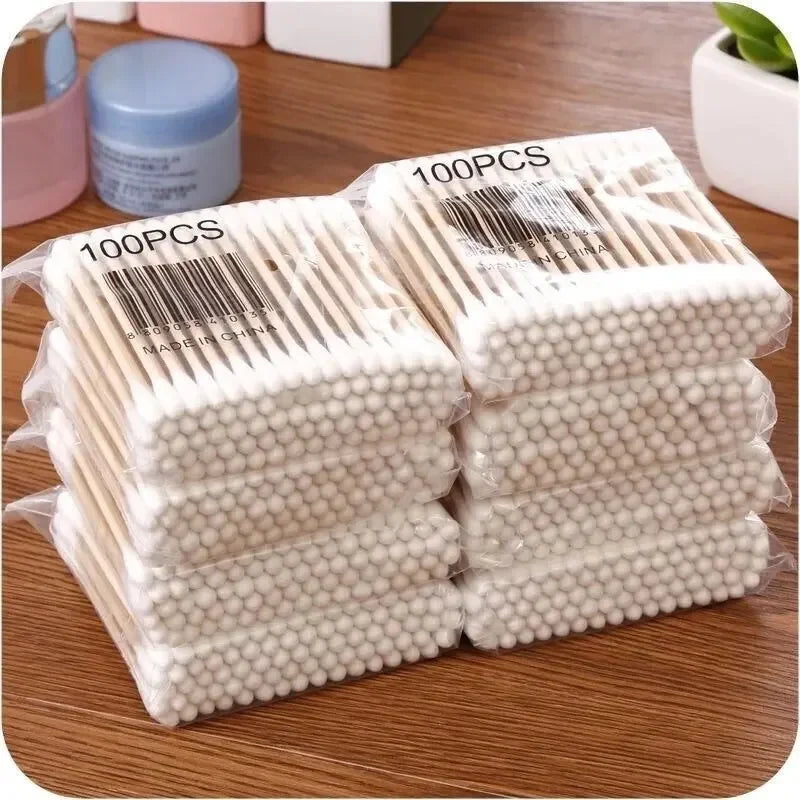 100pcs/500pcs Double Head Wooden Cotton Swabs – Eco-Friendly Cotton Buds for Makeup, Ear & Nose Cleaning