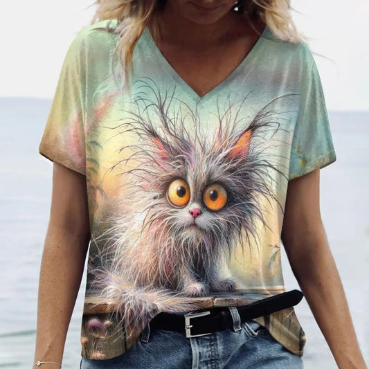 Summer Women’s Cat Print T-Shirt – Oversized Casual 3D Graphic Tee, Short Sleeve Streetwear