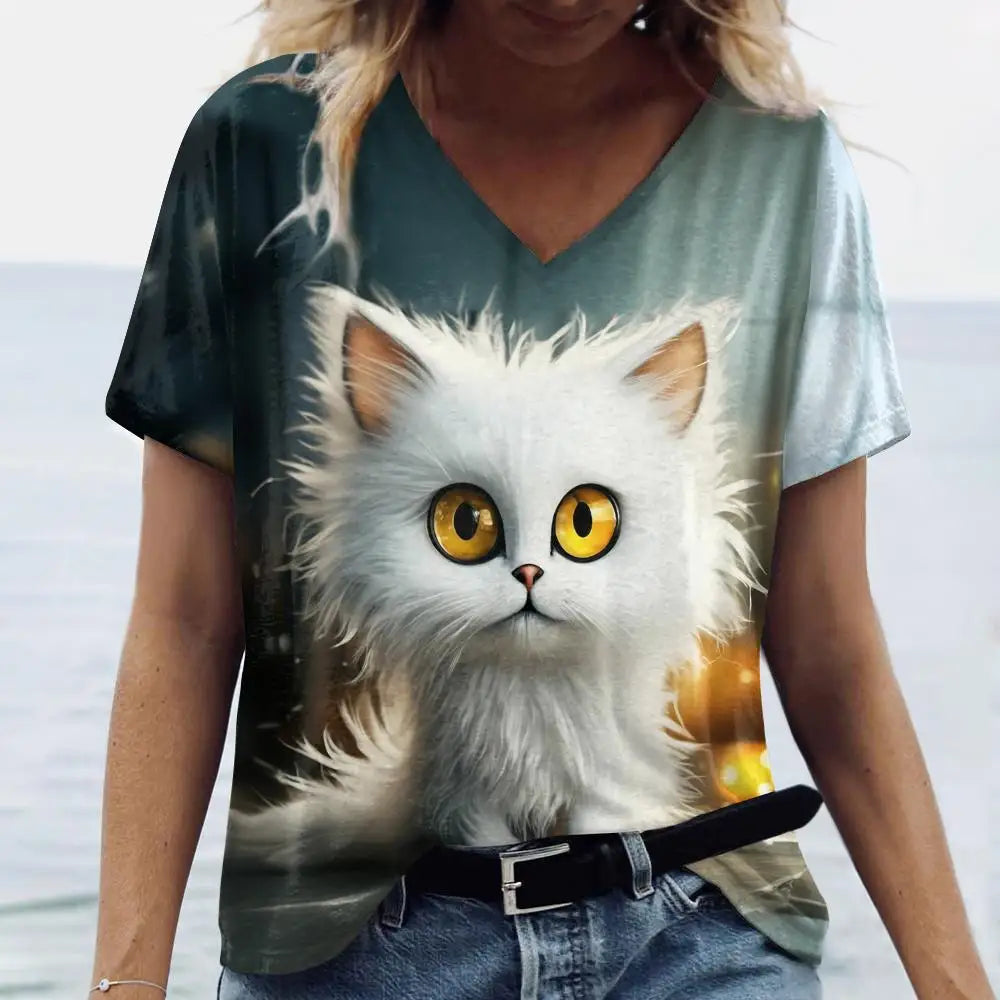 Summer Women’s Cat Print T-Shirt – Oversized Casual 3D Graphic Tee, Short Sleeve Streetwear
