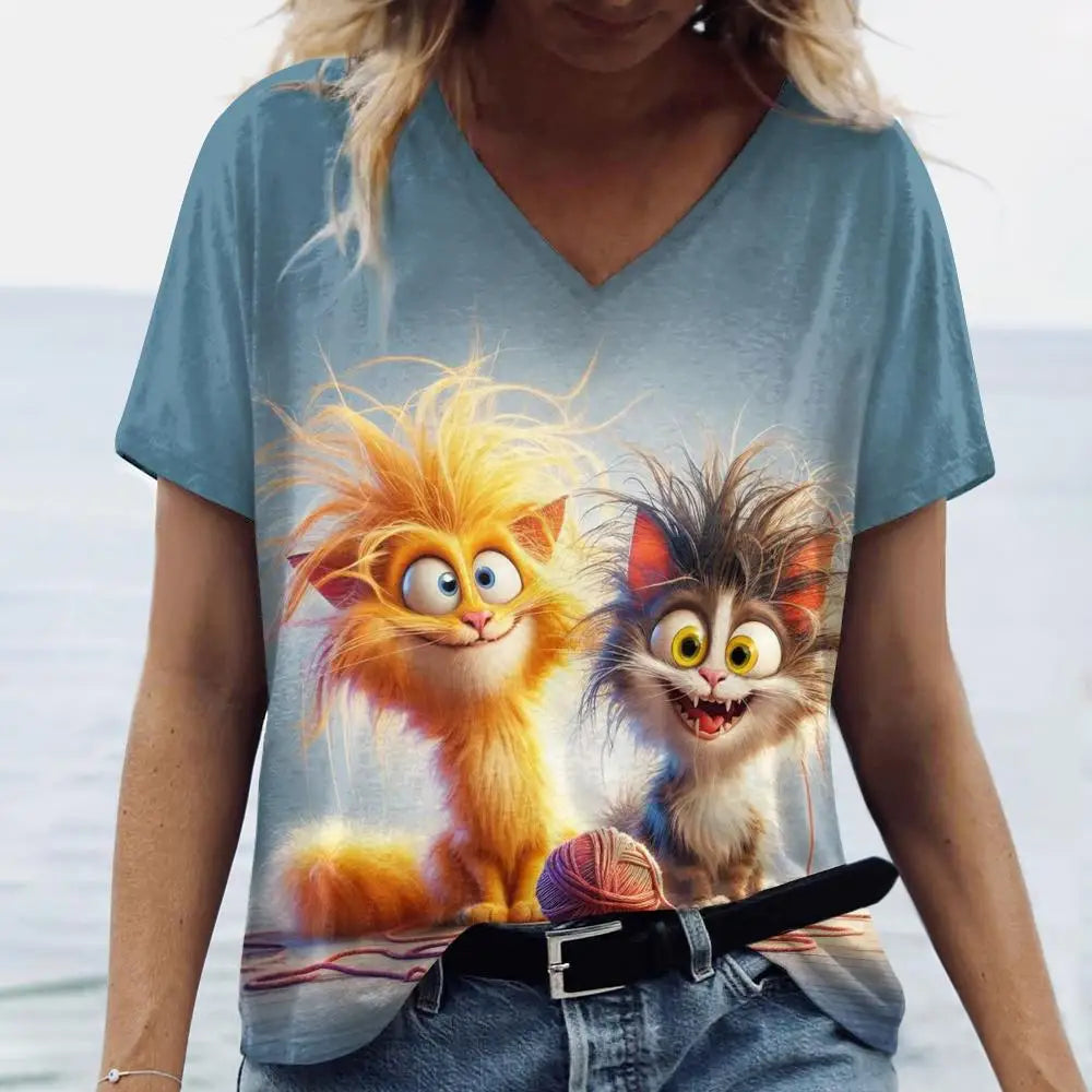 Summer Women’s Cat Print T-Shirt – Oversized Casual 3D Graphic Tee, Short Sleeve Streetwear