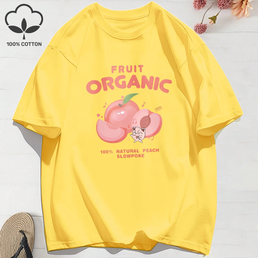 100% Cotton Summer T-Shirts for Women – Organic Peach Print Oversized O-Neck Tops