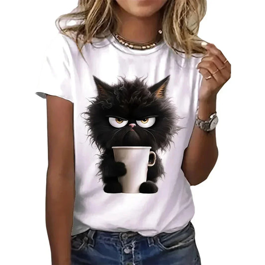 Funny Cat Women’s Summer T-Shirt – Cute Casual Short Sleeve O-Neck Top
