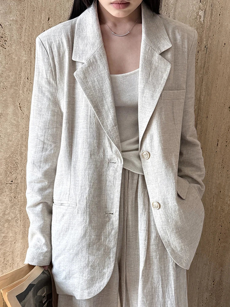 YERMORA Women’s Apricot Linen Blazer & Wide Leg Pants Set – Casual 2 Piece Outfit for Spring Summer 2025