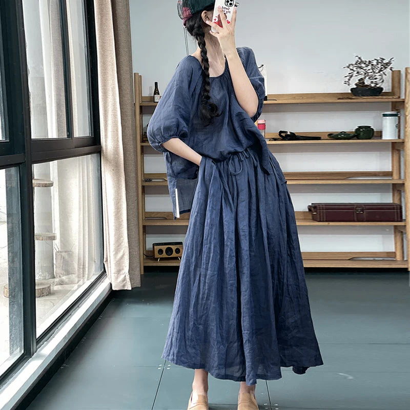 Fashionable Cotton Linen Two-Piece Set – Lantern Sleeve Top & Elastic Waist Midi Skirt for Women