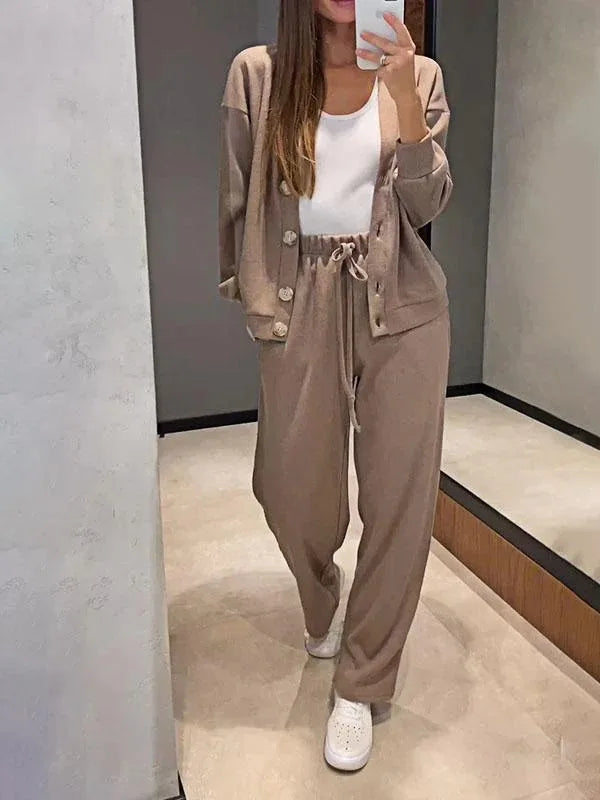Autumn Women’s Casual Two-Piece Suit – V-Neck Cardigan Jacket & Lace-Up Sweatpants Set
