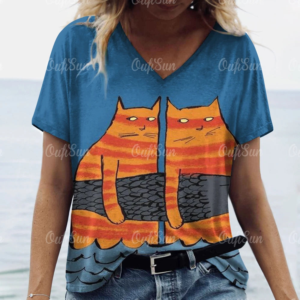 Summer Women’s Cat Print T-Shirt – Oversized Casual 3D Graphic Tee, Short Sleeve Streetwear
