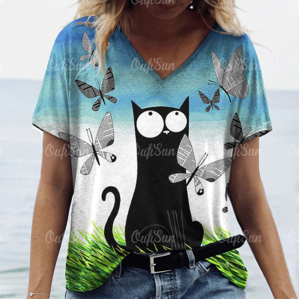 Summer Women’s Cat Print T-Shirt – Oversized Casual 3D Graphic Tee, Short Sleeve Streetwear