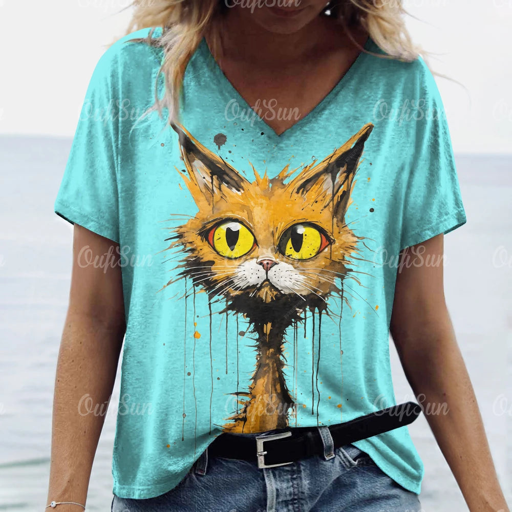Summer Women’s Cat Print T-Shirt – Oversized Casual 3D Graphic Tee, Short Sleeve Streetwear