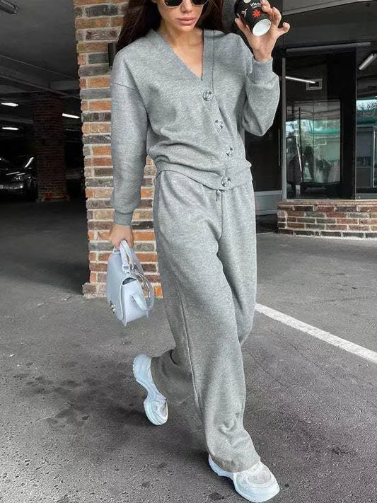Autumn Women’s Casual Two-Piece Suit – V-Neck Cardigan Jacket & Lace-Up Sweatpants Set