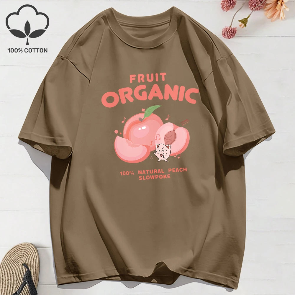 100% Cotton Summer T-Shirts for Women – Organic Peach Print Oversized O-Neck Tops
