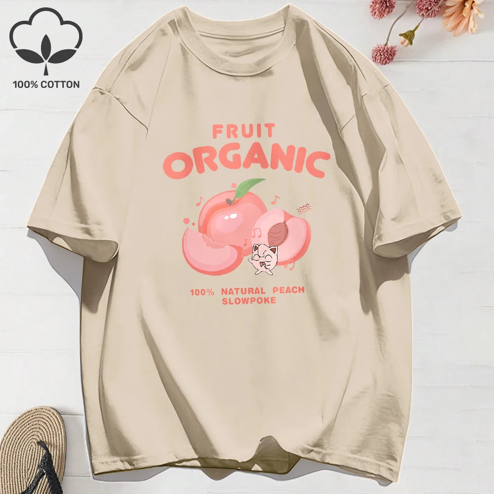 100% Cotton Summer T-Shirts for Women – Organic Peach Print Oversized O-Neck Tops