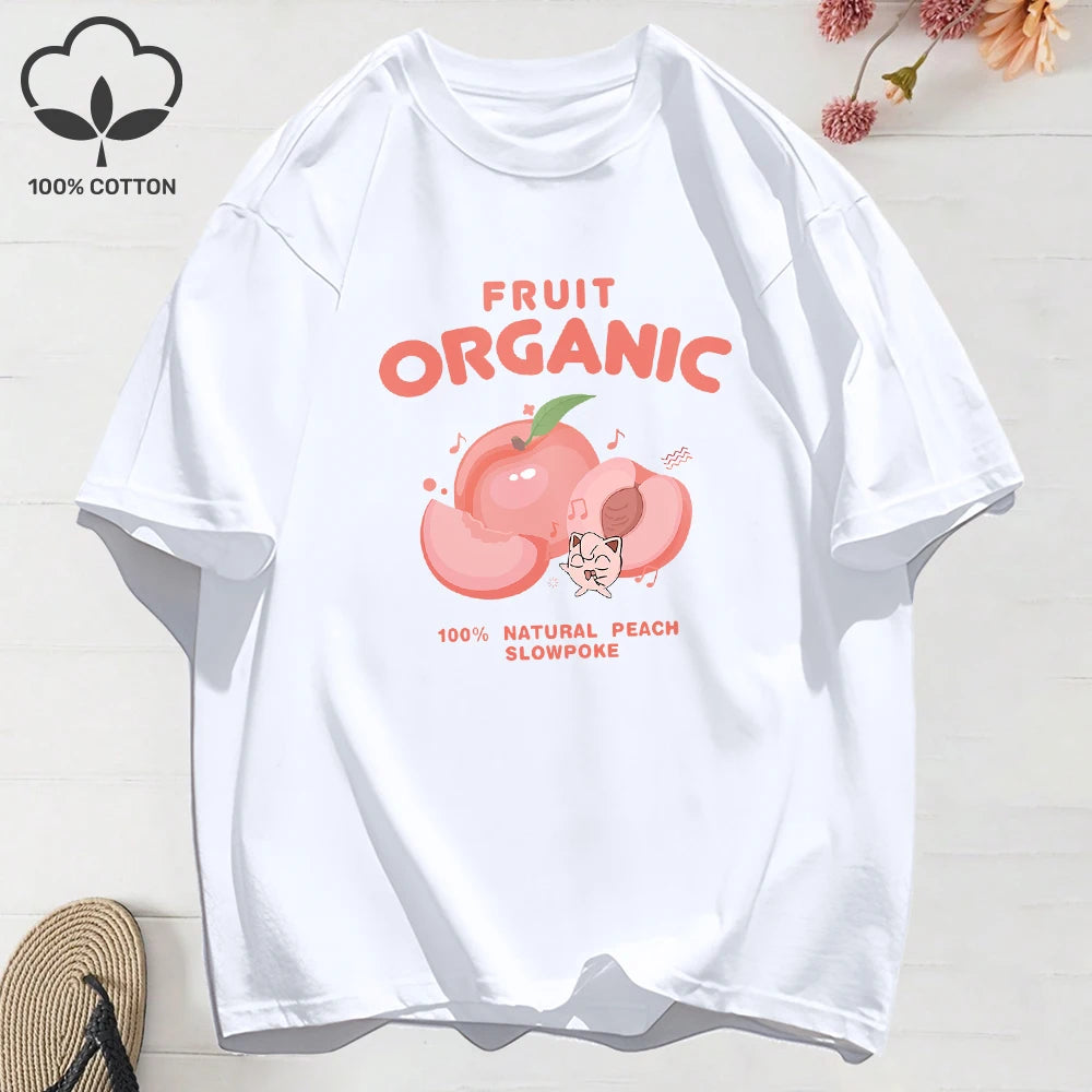 100% Cotton Summer T-Shirts for Women – Organic Peach Print Oversized O-Neck Tops