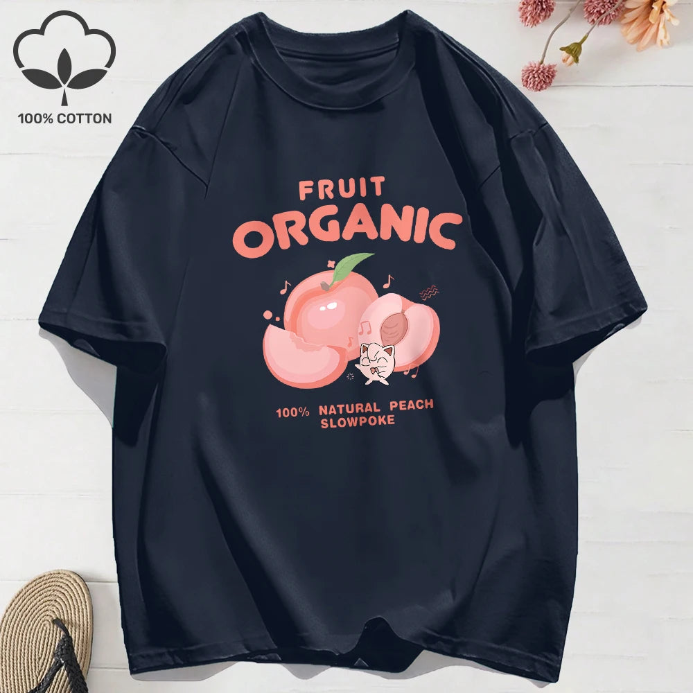 100% Cotton Summer T-Shirts for Women – Organic Peach Print Oversized O-Neck Tops
