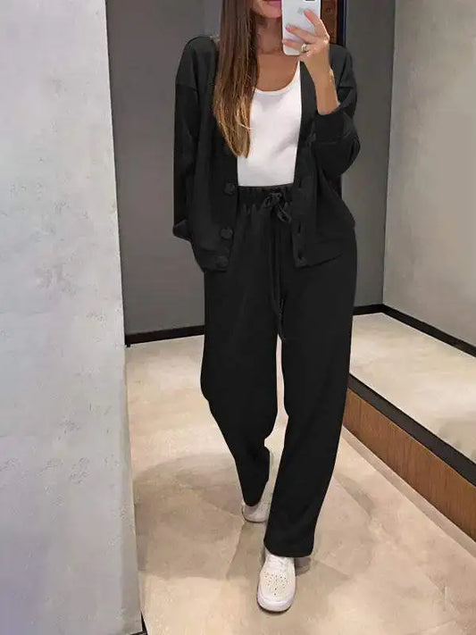 Autumn Women’s Casual Two-Piece Suit – V-Neck Cardigan Jacket & Lace-Up Sweatpants Set