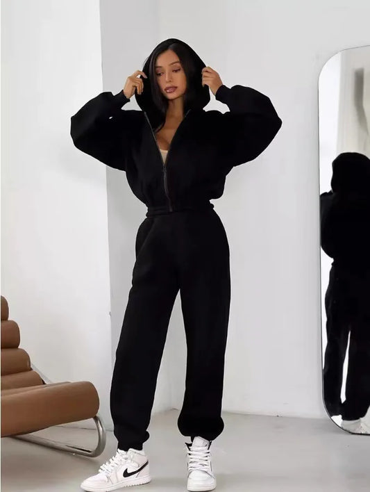 Autumn & Winter Women’s Two-Piece Tracksuit – Fashionable Hooded Zipper Sweatshirt & Leggings Set